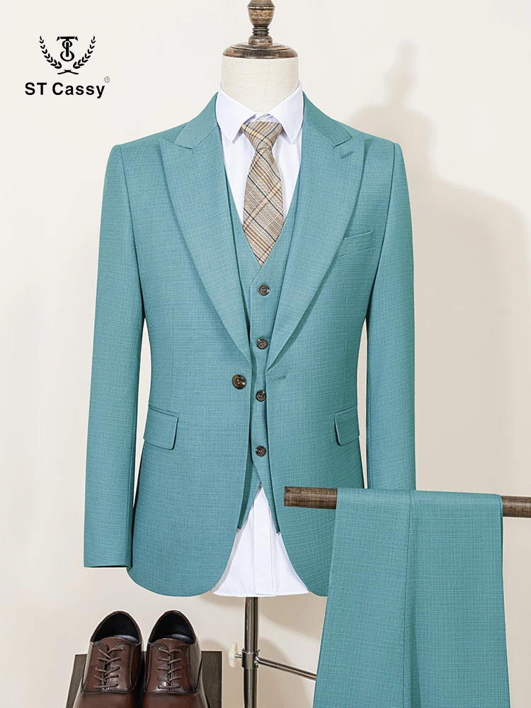 ST Cassy Men's Summer thin Green Slim Fit Formal Business Office Suit（jacket + Vest + Pants） Formal Suit Business Men Clothing