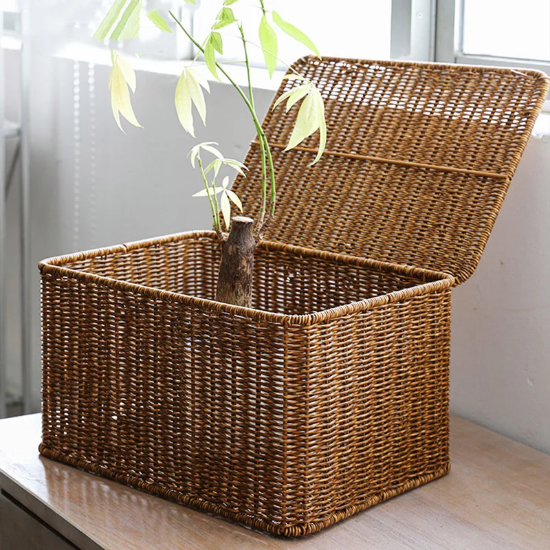 Large Rectangular Storage Basket with Lid, Rattan Storage Case