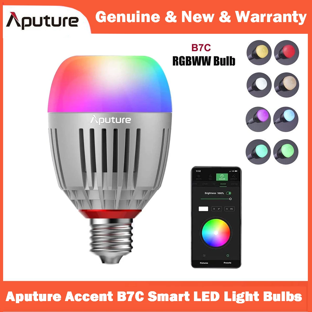 

Светодиодные смарт-лампы Aputure Accent B7C 7 Вт RGBWW TLCI 96 + CRI 95 + 2000K-10000K Sidus Link, приложение для управления, встроенная батарея/Питание переменного тока