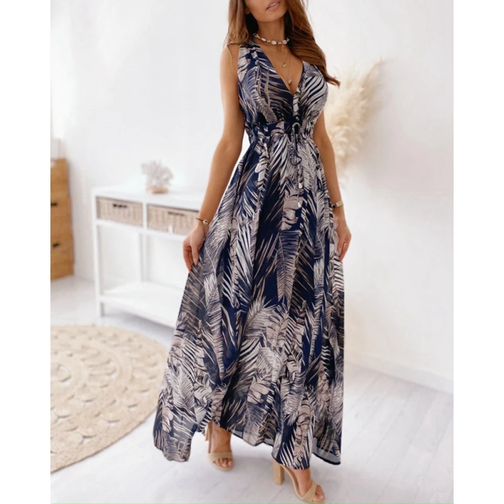 

Floral Print Plunge Beach Dresses for Women Summer Slim Waist Lace Up Robe Longue Femme Boho Style Maxi Dresses Party Dresses