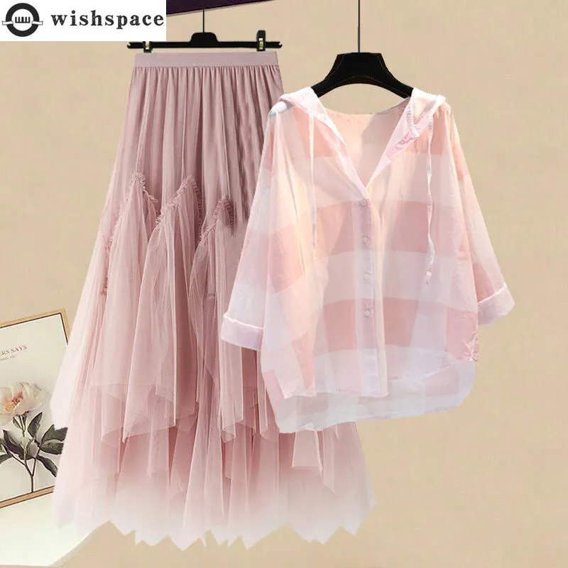 2023 Summer New Check Panel Sunscreen Chiffon Shirt Tulle Pleated Half Skirt Two Piece Elegant Women's Dress Set Outfits new genuine door check strap 68297663ab for 2018 2023 jeep wrangler