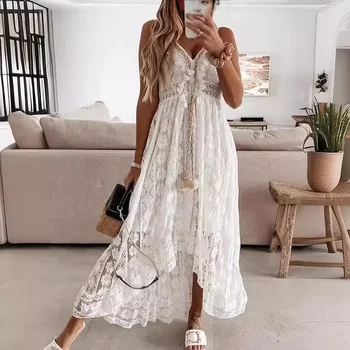 2024 Summer New Cross-Border European and American Style Lacetank Long Dressgown Solid Color Large Splice Sleeveless Prom Gown 1