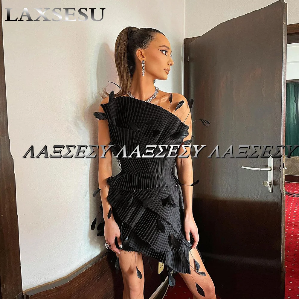 Women Prom Dresses Laxsesu Fashion Sexy Prom Dress Sleeveless Short Mini Length Party Gowns Feathers Pleated Celebrity
