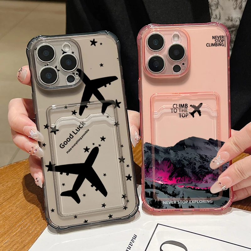 Airplane Design Clear TPU Card Holder Phone Case - Soft Silicone Cover