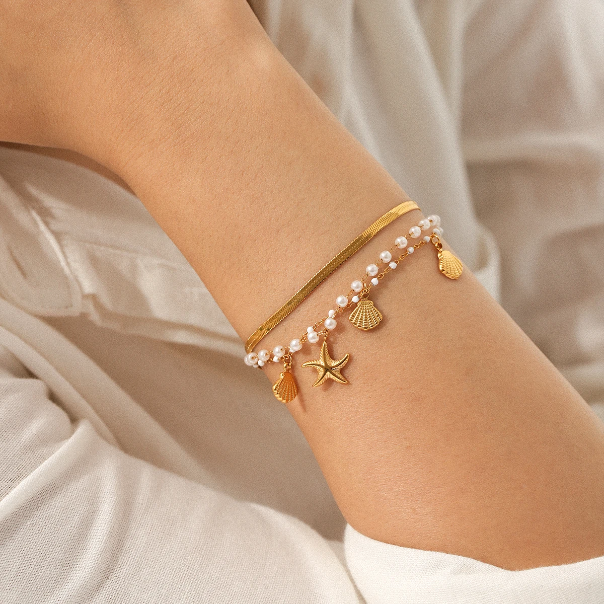 Huangchao 3-teiliges Seestern-Muschel-Anhänger-Kettenarmband für Damen, Edelstahl, 18 Karat vergoldet, Schmuck, Modeaccessoires, Geschenk – Detail 2