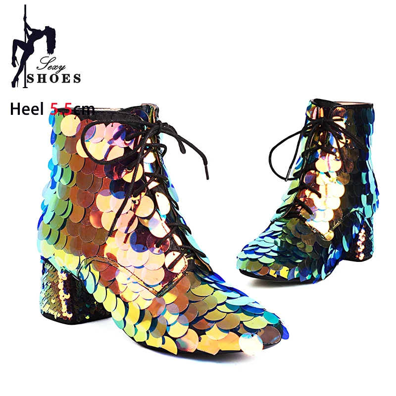 Women Short Boots Lace-up Low Heels Club Party Dance Shoes Trend Lady Shiny Block High Heels Sequined Chelsea Boots Size 34-46