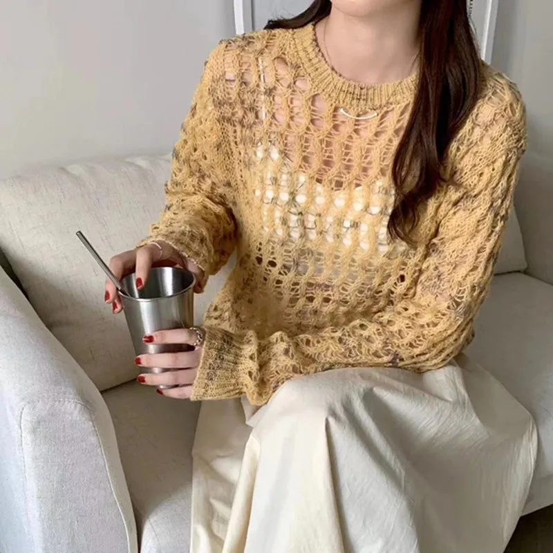 

Hollow Out Sweater Loose Women Soft Mohair Pullovers See Throught Long Sleeve Hole Street Wear All Match Knitted Tops I509