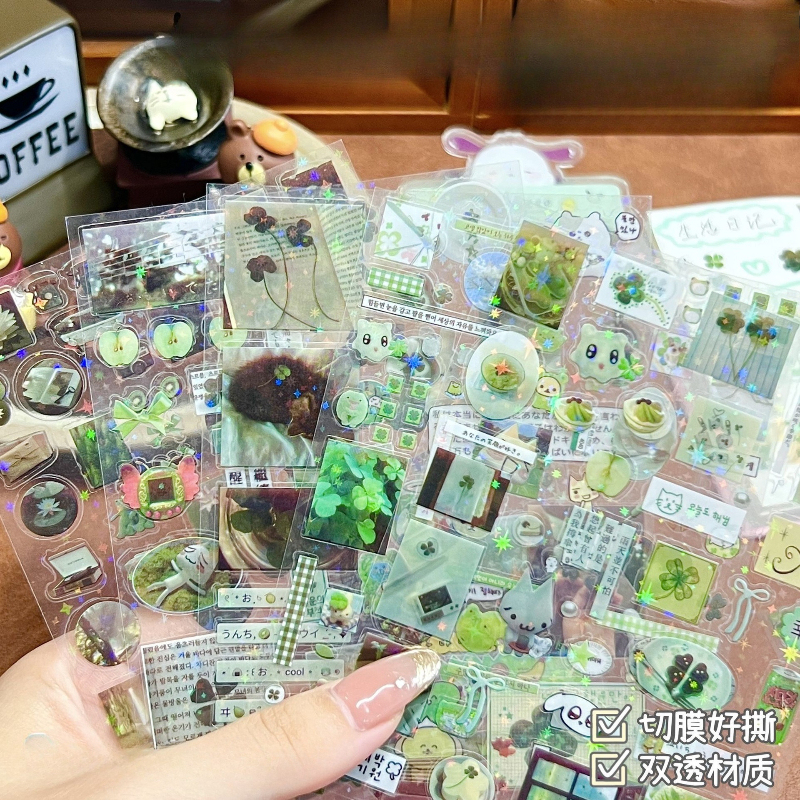 10Pcs Japanese Retro Green Transparent Cut Film Stickers Cute DIY decor for Scrapbooking Journals Laser Star Phone Case Decals