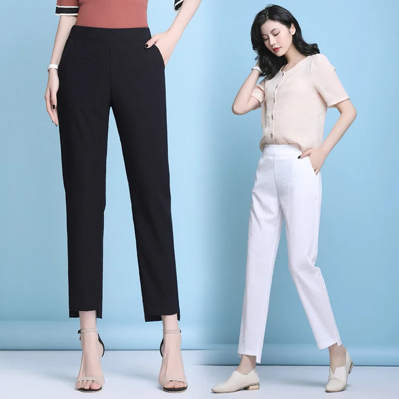 2023 new Women Summer Linen Cropped Pants Straight Thin Solid Color Elastic Band High Waist Capris Feet Trousers S 4XL