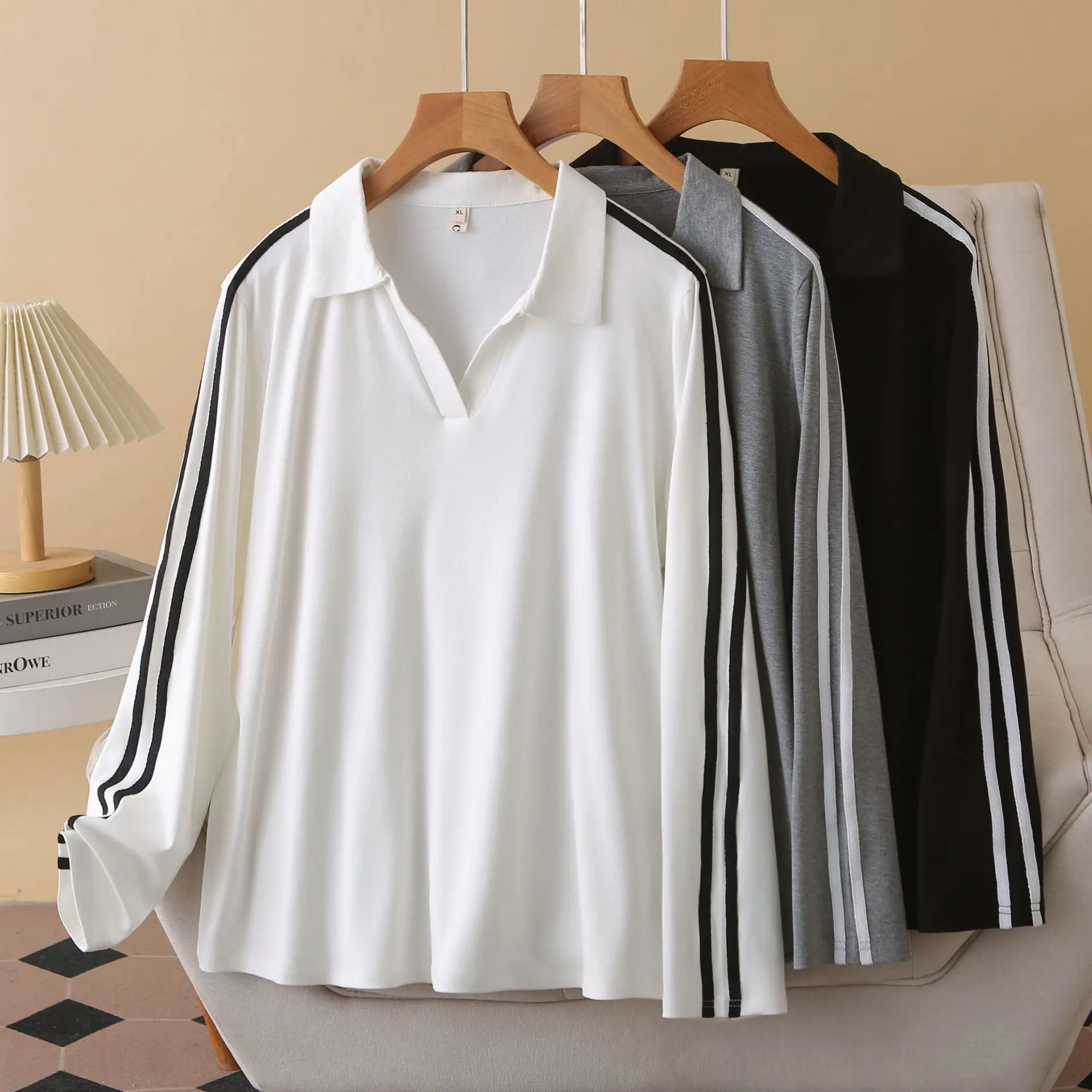 Plus Size Women's T-Shirt 2025 Autumn New Simple Sporty Lapel Double-striped long-sleeved Tops 681