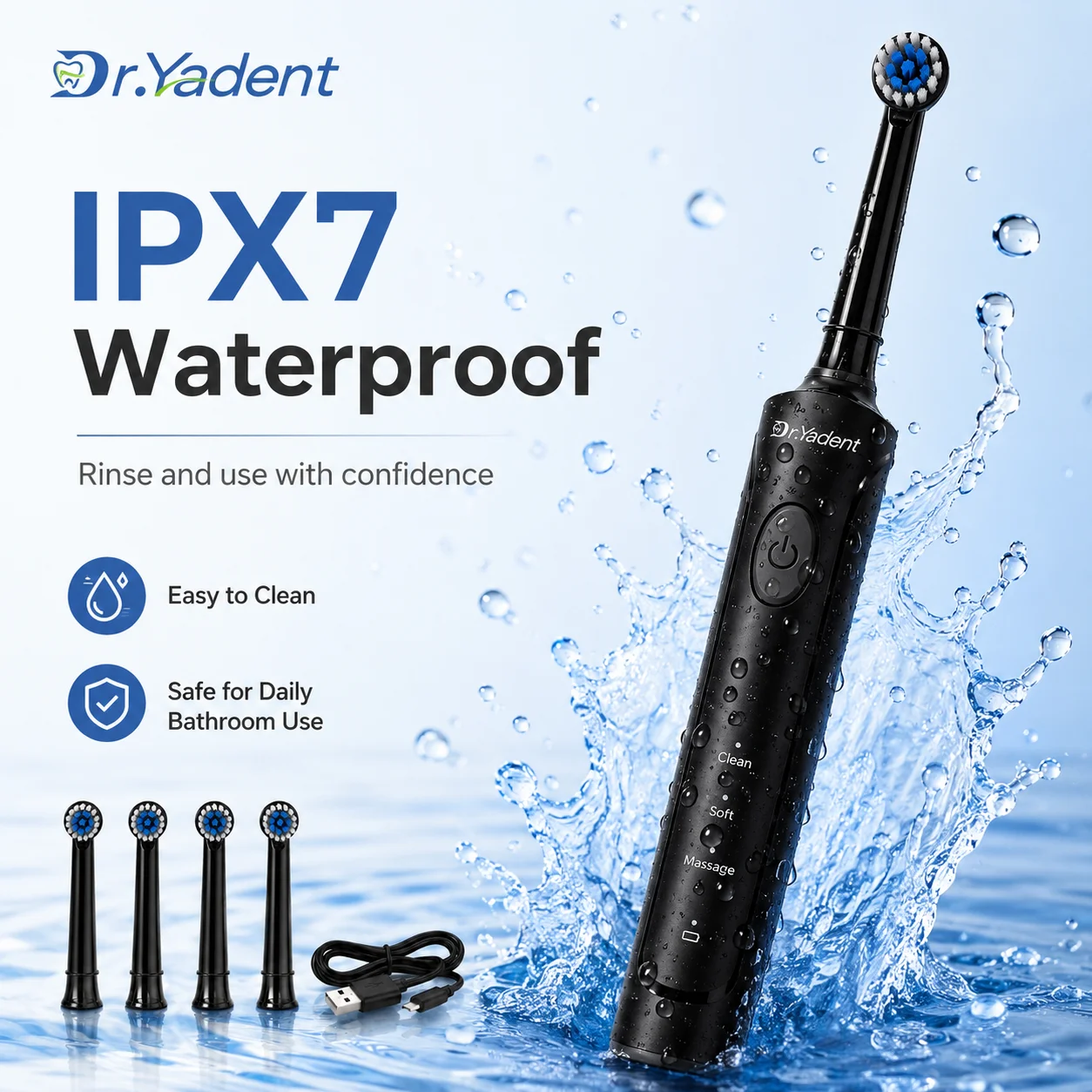 Dr.Yadent Rotating Electric Toothbrush IPX7 Waterproof 3 Modes 4 Toothbrush Head Rechargeable Battery for Adult Deeper Cleaning 6