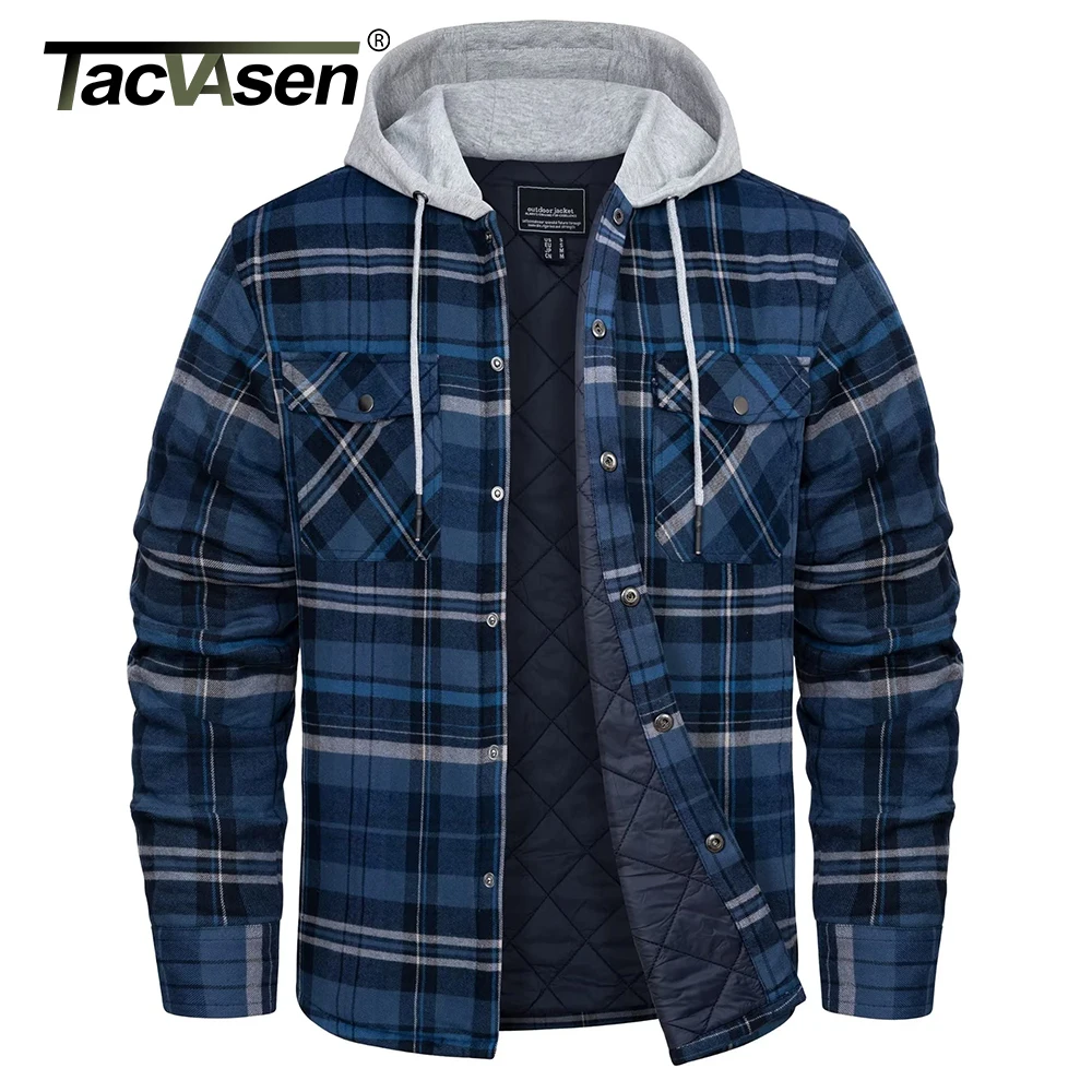 Men's Flannel Shirt Jackets Hood Long Sleeve Quilted Lined Plaid Coats Thick Warm Winter Casual Hoodie Outerwear mens hoodies