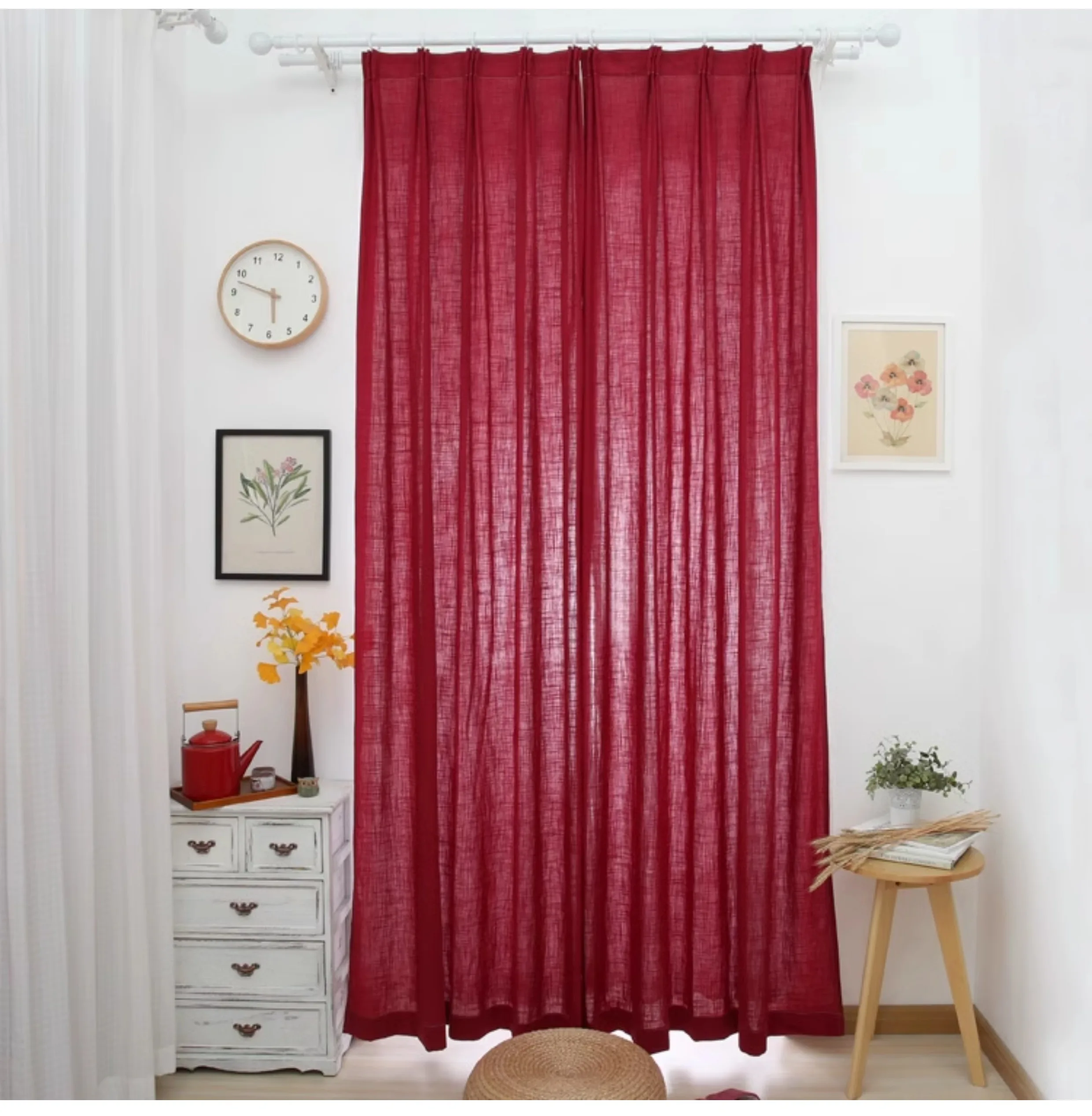 Retro Burgundy Cotton and Linen Curtains B&B Curtains for Living Dining Room Bedroom 3