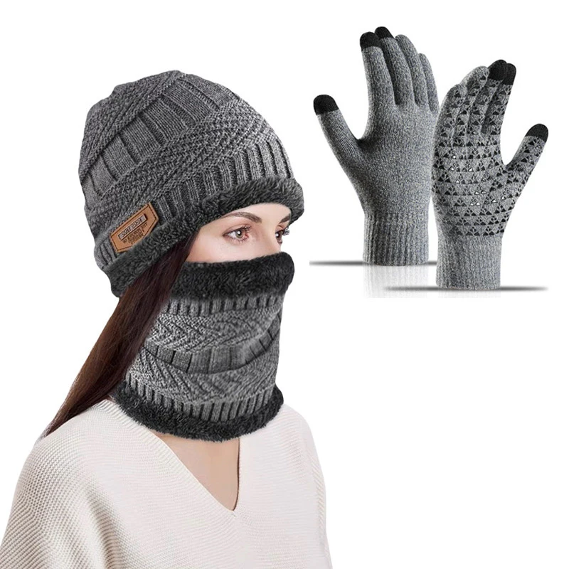 3-piece Set Winter Warm Velvet Hat Scarf Gloves Set Winter Hats Knit Cap Men And Women Velvet Hat Coral Fleece Scarf Outdoor