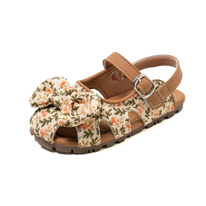 Kids'Casual 신발 패션 레오파드 프린트 PU 가죽 샌들 여름 신발 소녀용 미끄럼 방지 브라운 옐로우 신발 사이즈 23-33