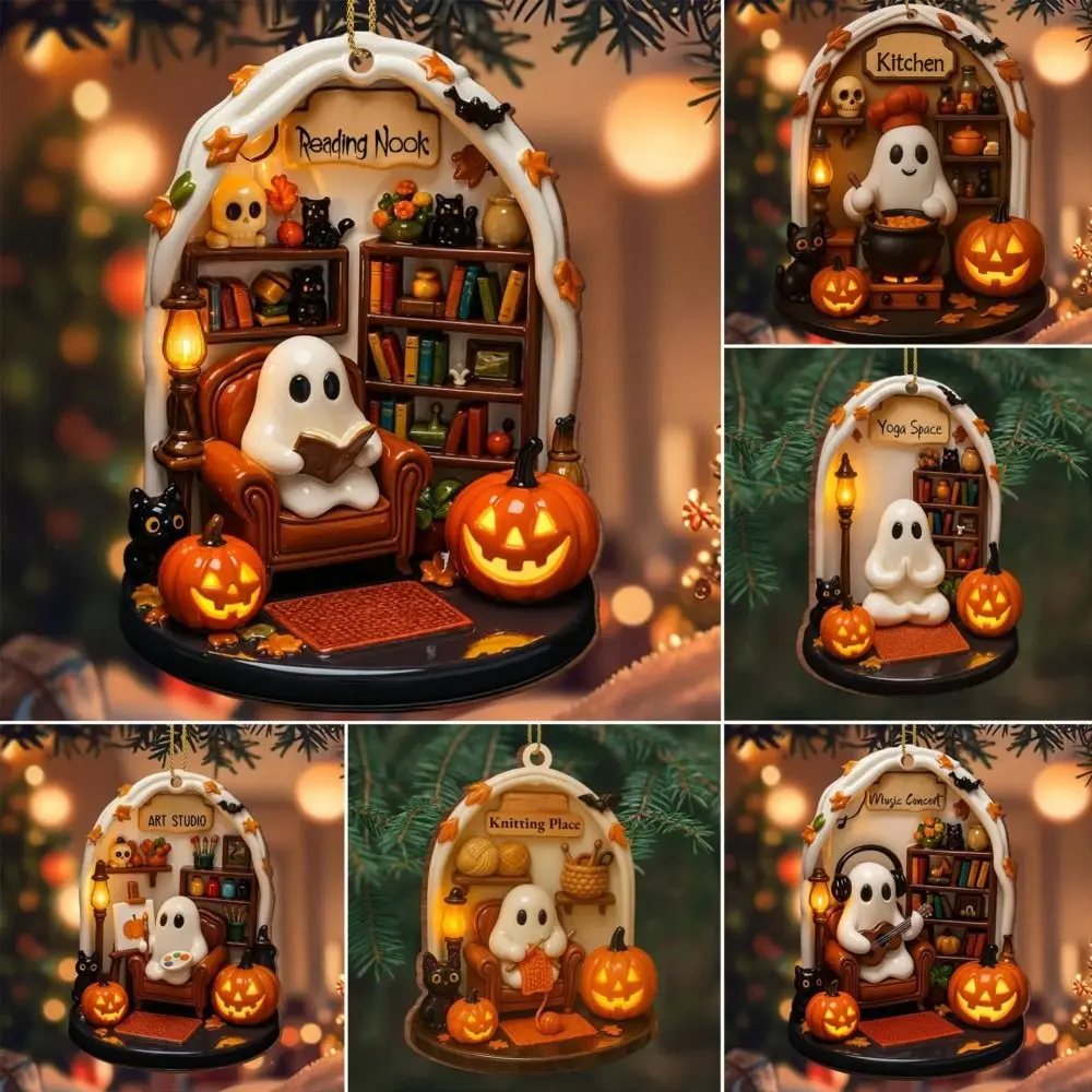 Cute Reading Ghost Halloween Ghost Ornaments 2D Flat Halloween Spooky Decorations Decorative Pendant Party Supplies 4