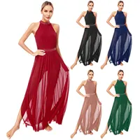 Womens Ballet Dress Lyrical Latin Dance Performance Costume Sleeveless Keyhole Back Shiny Rhinestones Side Split Mesh Maxi Dress - Image 2