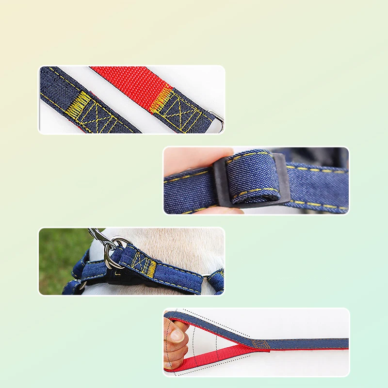 Durable Denim Dog Harness And Leash Vest Set For Pet Walking_voghion.com
