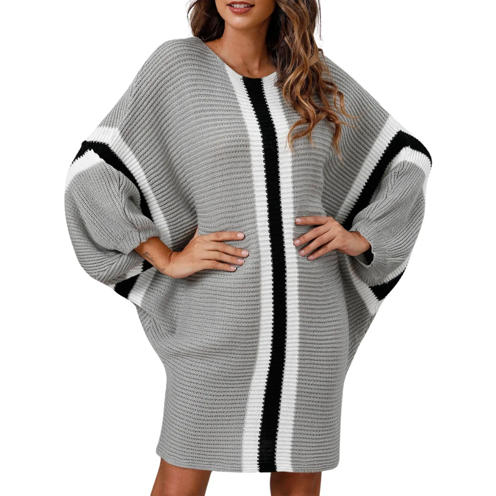 

Women's Fashion Casual Knitted Woolen Dress Women's Loose Bat Sleeves Contrast Panel Dress Womens Petite Pullover Sweaters