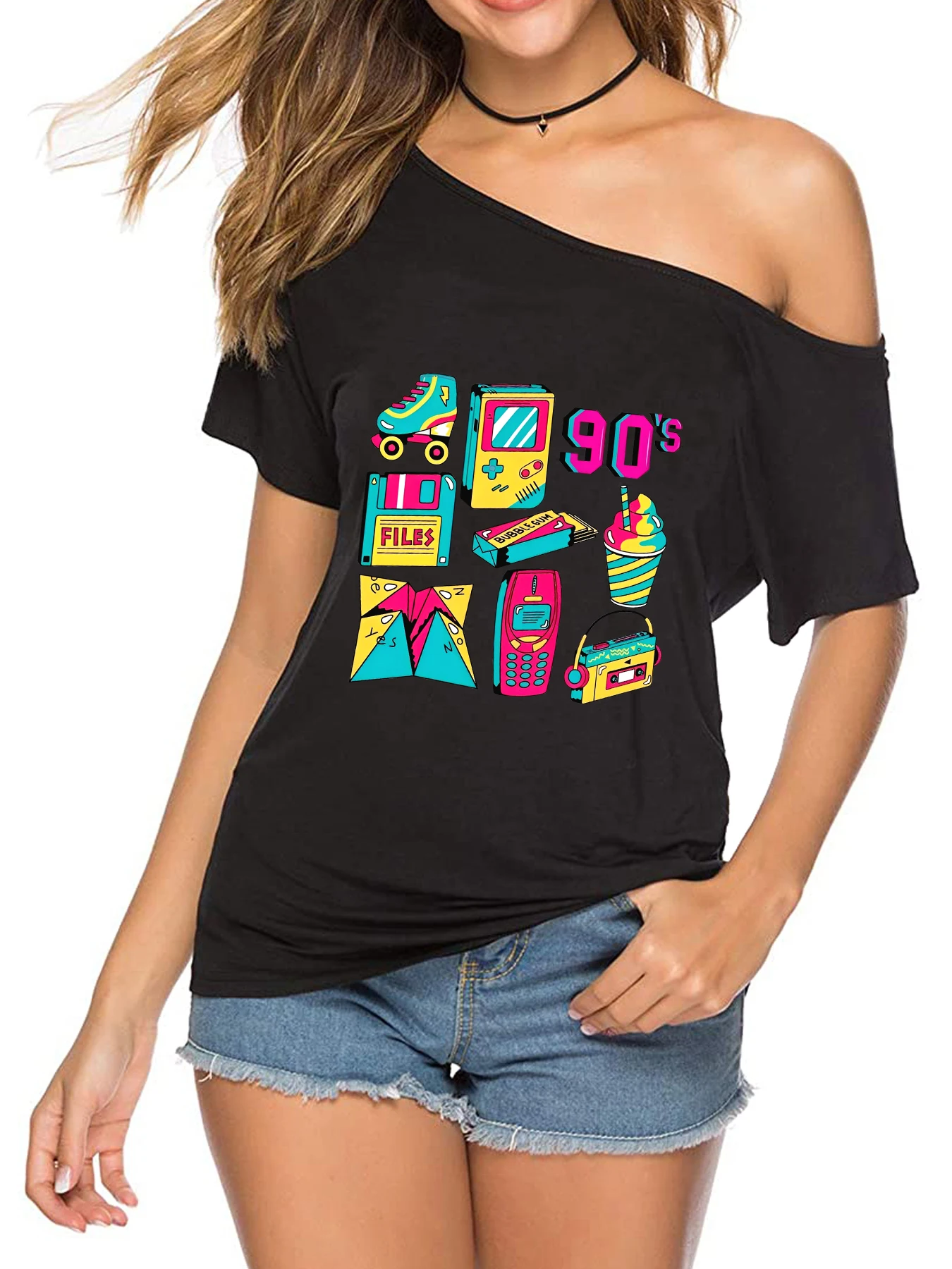Modisches Damen Off-Shoulder T-Shirt 90er Retro Grafik Bedrucktes Kurzarm-Oberteil für Freizeitkleidung
