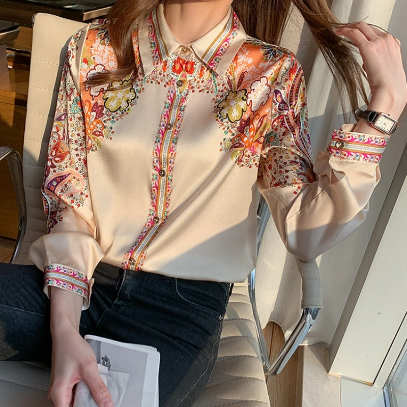 Floral Print Satin Blouse for Women Long Sleeve Office Tops