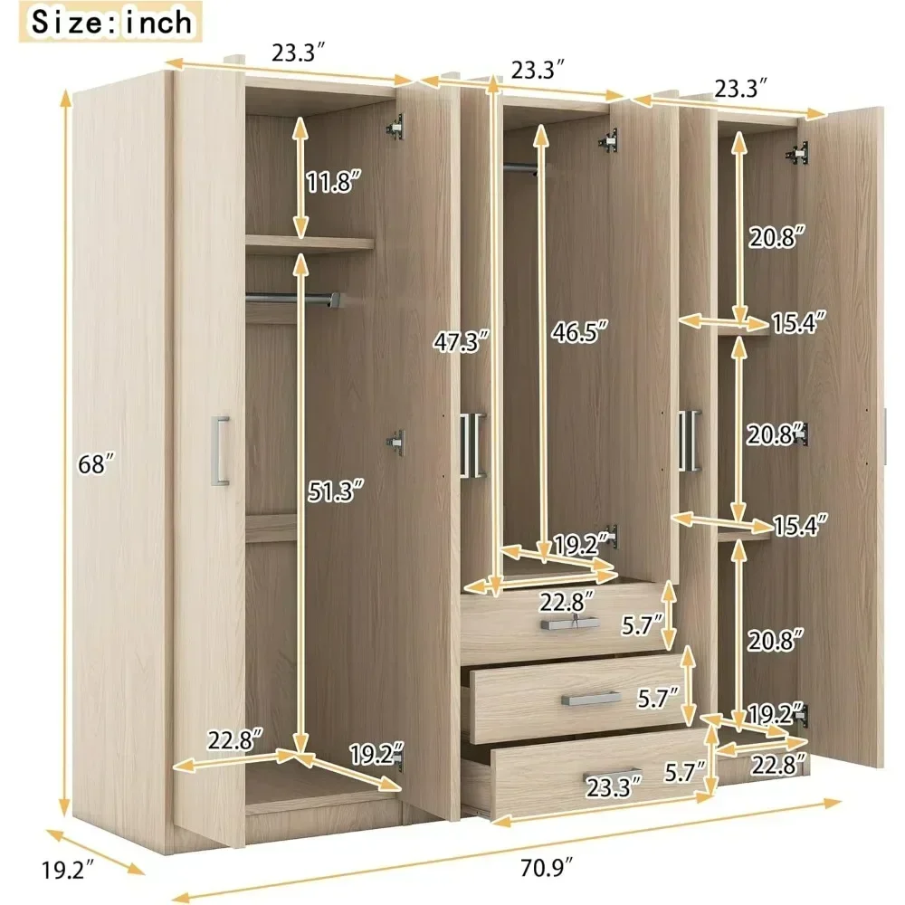 Large Wardrobe Closet 6 Doors, Wooden Wardrobe Cabinet with Big Drawers, Bedroom Armoire Dresser Wardrobe Clothes Organizer 3