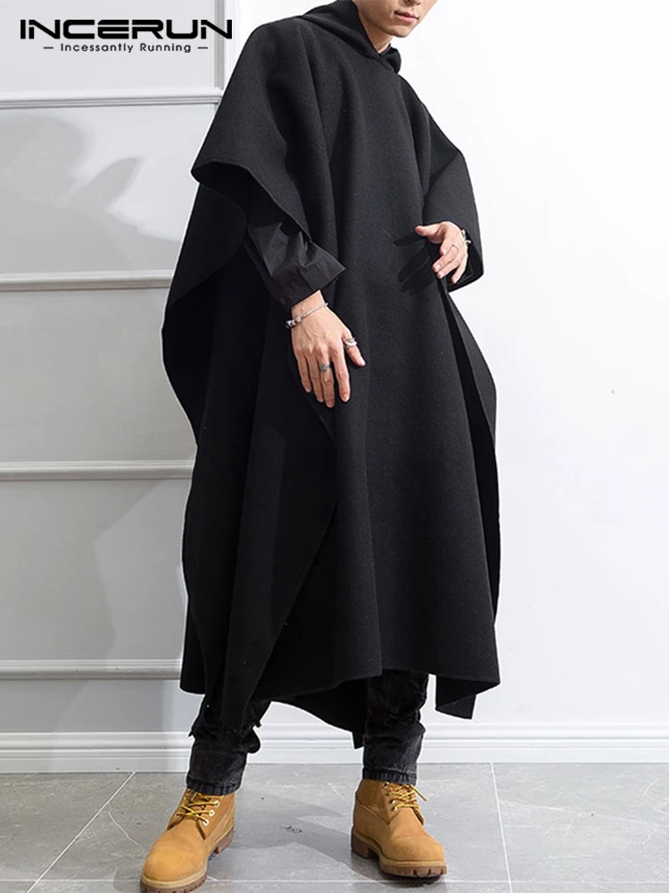Men's Loose Black Coats INCERUN Fashion Irregular Hooded Cloak Autumn Winter Male Long Sleeve Trench Retro Outwear Jackets S-5XL trench coat warmth coat casual men jacket