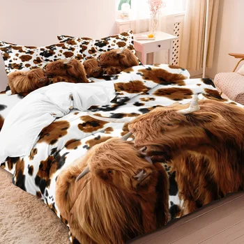 3Pcs Highland Cow Animal Print Pattern Soft Bedding Set Included 1 Duvet Cover & 2 Pillowcases For All-Season Home Dorm Decor 1