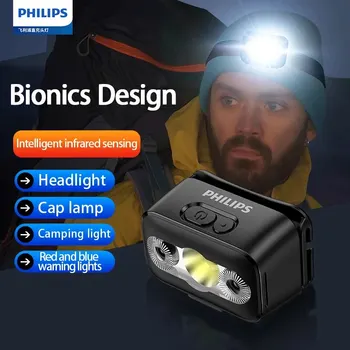 PHILIPS LED 헤드램프 센서 헤드 손전등, C 타입 충전식 헤드라이트, 야외 캠핑 낚시 랜턴, 10 가지 조명 유형