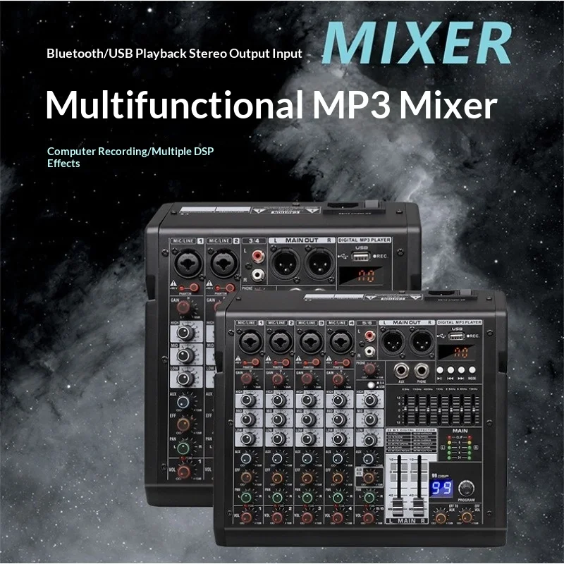 블루투스 지원 MP3 믹서 - 99개 DSP 효과, 7밴드 EQ, 48V 팬텀 파워, 라이브 스트리밍 및 무대 녹음을 위한 USB 사운드 카드