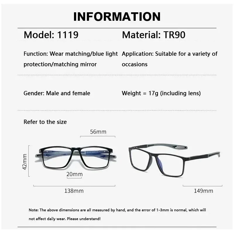 3Pcs Klassische Sport Lesebrille Quadratischen Rahmen HD Anti Blaues Licht Gläser Anti Müdigkeit Tragbare Computer Spiel Gläser + 1,0 ~ + 4,0 – Detail 5