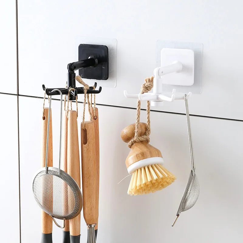 2pcs Black Kitchen Rotating Punch-free Wall-mounted Shelf 6 Rotating Hooks Pot Shovel Chopping Nail-free Adhesive Hook Rack