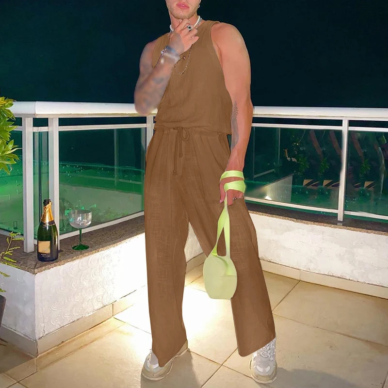 

INCERUN 2023 Men Jumpsuits Solid Color O-neck Sleeveless Breathable Drawstring Casual Rompers Streetwear Leisure Overalls S-5XL