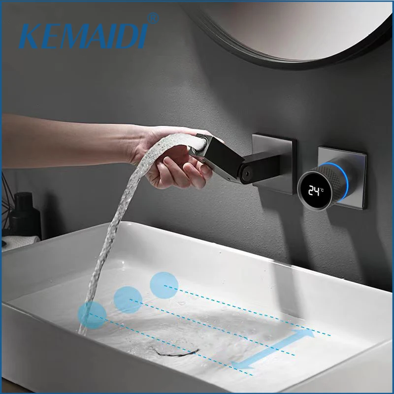 KEMAIDI Gray Bathroom Faucet Digital Sisplay LED Faucets Single Handle Tap for Bathroom with Folding Spout Mixer Wall Mounted