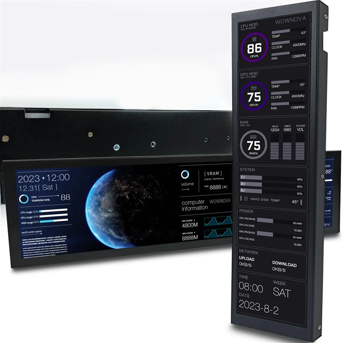 A10I 8.8인치 컴퓨터 온도 모니터(동적 테마 지원), IPS 유형 C 보조 화면 CPU RAM HDD 데이터 FPS 모니터 검정색