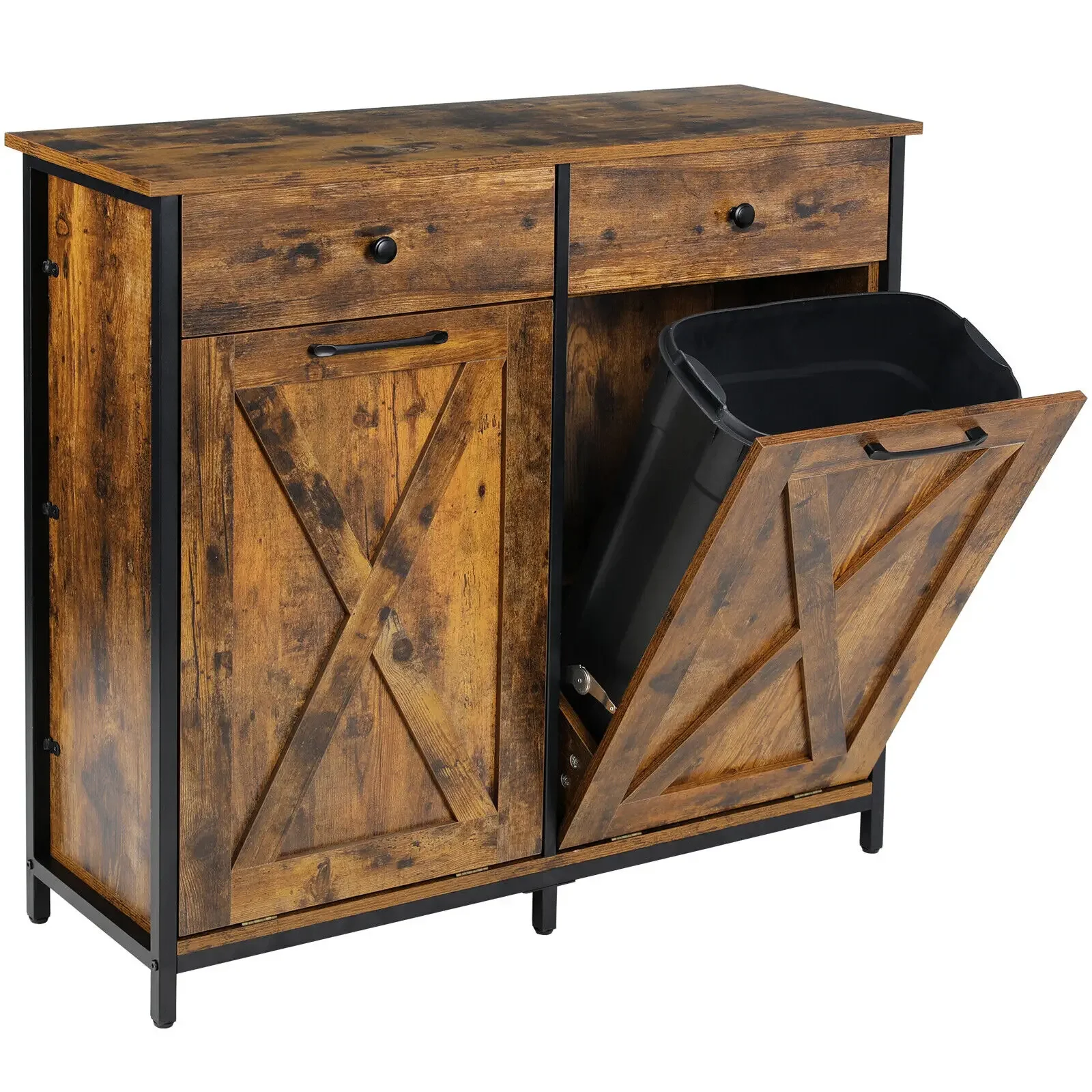 Dual Kitchen Trash Cabinet, 2 x 10 Gallon Double Tilt Out Trash Can Cabinet with Countertop and Drawer, Free-Standing Pet Proof