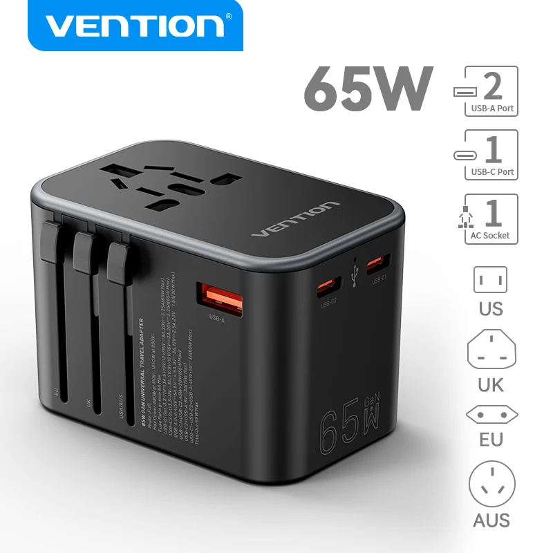 Vention Universal Travel Adapter PD 65W All in One Worldwide Travel Adapter Wall Charger AC Power Plug Adapter for USA EU AUS UK