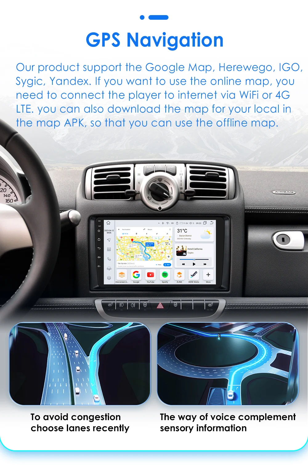 Hizpo AI Voice Wireless CarPlay Android Auto Radio For Smart Fortwo 451 2005 - 2010 4G BT Car Multimedia GPS 2din Autoradio 7862