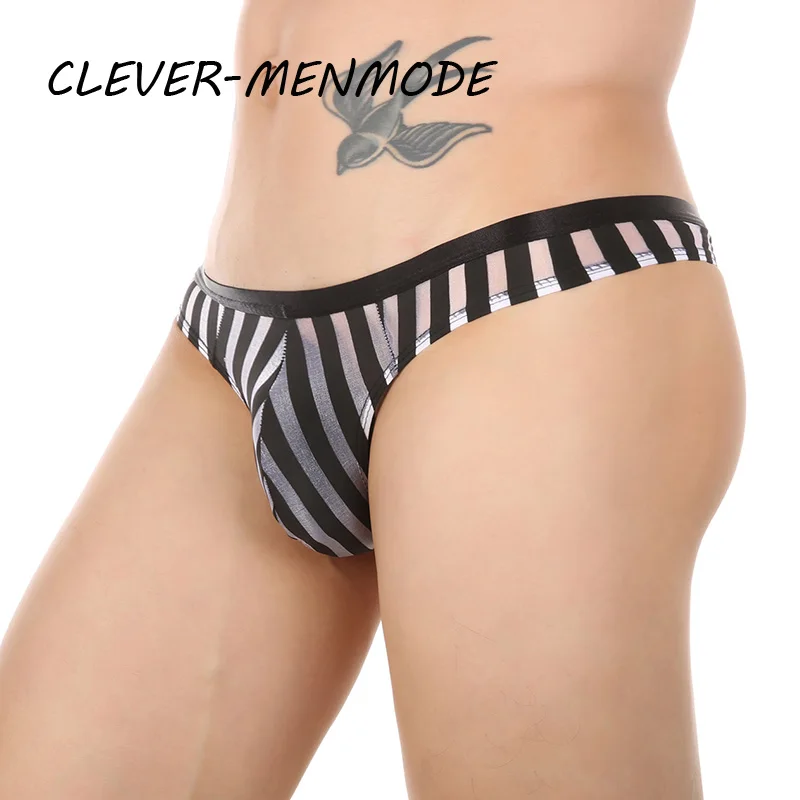 CLEVER-MENMODE Sexy Men's Underwear Transparent See Through Striped Thong Breathable Mesh Bikini U Convex Bulge Pouch Panties male underwear
