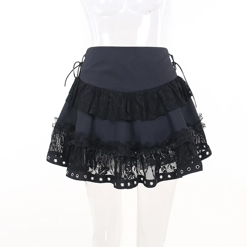 Goth Dark Lace Patchwork Mall Gothic Pleated Skirts Grunge Aesthetic P ...