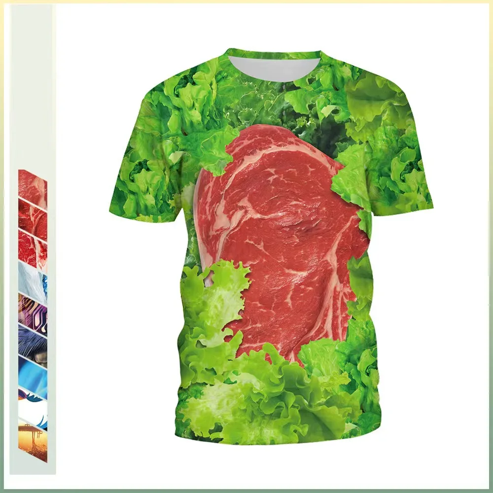 

Adult Summer Fashion 3D Printing T-Shirt Women Men Vegetable MeatBeef Animal Scenery Fancy Picture Round Neck Short Sleeve Shirt