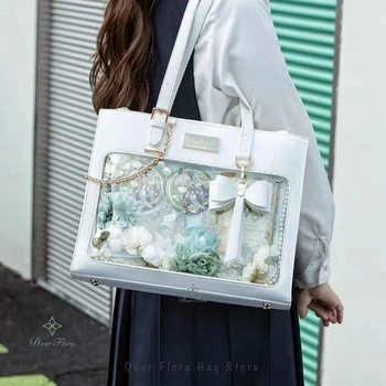 Borsa Ita con fiocco alla moda da donna Borsa tote alla moda Borsa a tracolla trasparente per ragazza dolce Borsa a tracolla Lolita Borse con badge per display fai-da-te