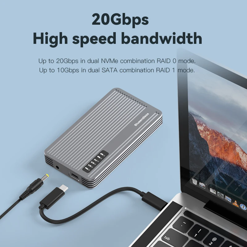 Blueendless 2 Bay RAID M.2 SATA M.2 NVME SSD Enclosure Aluminum Dual Bay NVMe RAID SSD Case Support Max 16TB RAID0/1/PM Mode Ssd Enclosure Hard Drive Enclosure