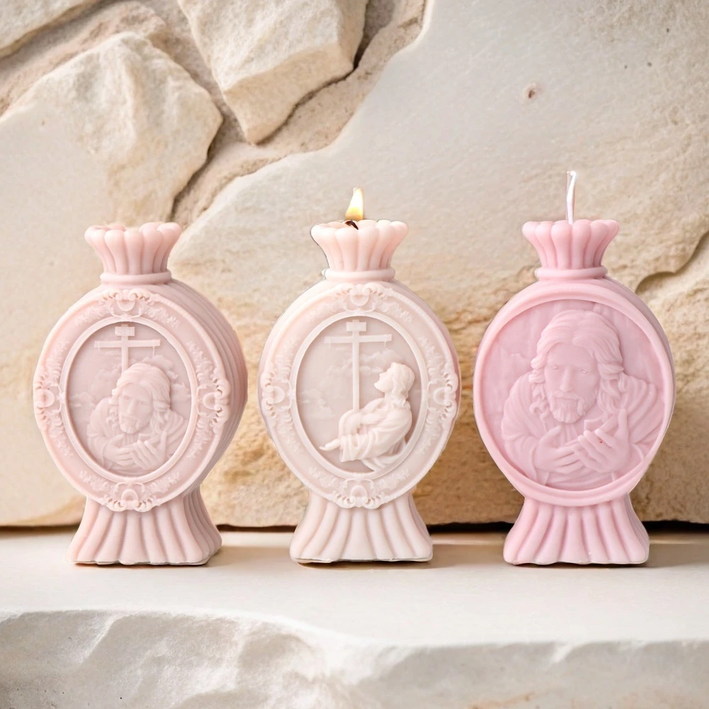 Jesus Statue Pillar Silicone Candle Mold DIY Jesus Cross Sculpture Fragrance Scented Gypsum Soap Making Mold Church Decor Tool