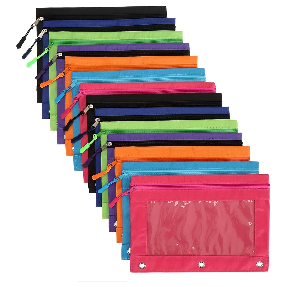 

Binder Pencil Pouch with Zipper Pulls, Pencil Case with Rivet Enforced 3 Ring for School, Office, 14 Pack 7 Colors