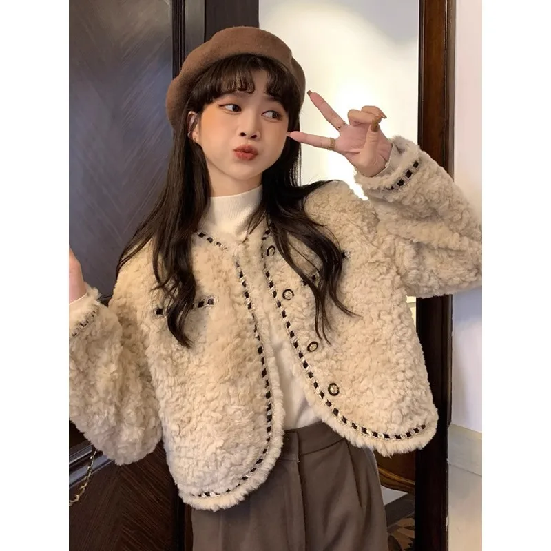 

Vintage Plush Cropped Jackets Korean Elegant Warm Velvet O-neck Coats Autunn Slim Casual Office Lady Single Breasted Outerwear