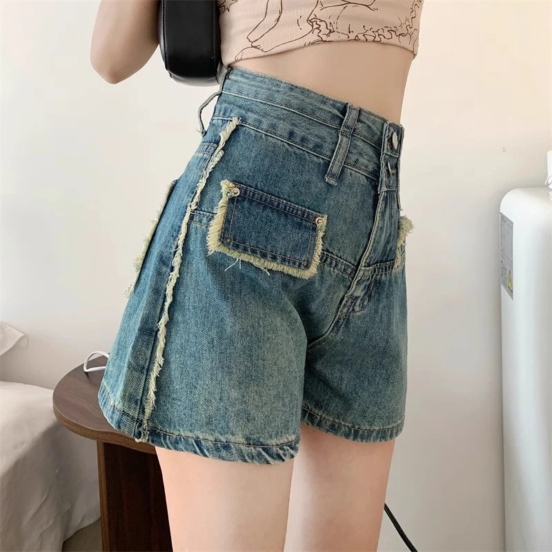 Women's 2024 new Summer Fashion High Waist Button Spliced   Versatile Casual Loose Simplicity Commuter Vintage denim shorts