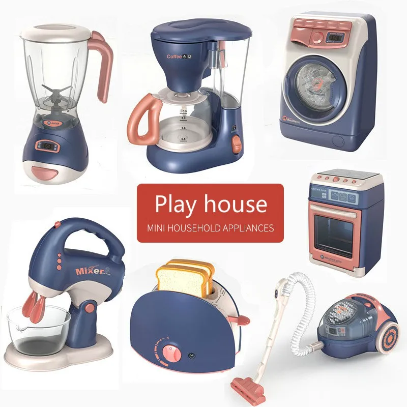 Kitchen Home Appliances Toy Kids Pretend Play Set Household Coffee Maker Mixer Toaster Vacuum Cleaner Playset for Children Gifts 4