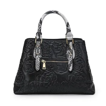 Aidrani Women's luxury leather handbag, large capacity black, with floral and snake pattern design, 4