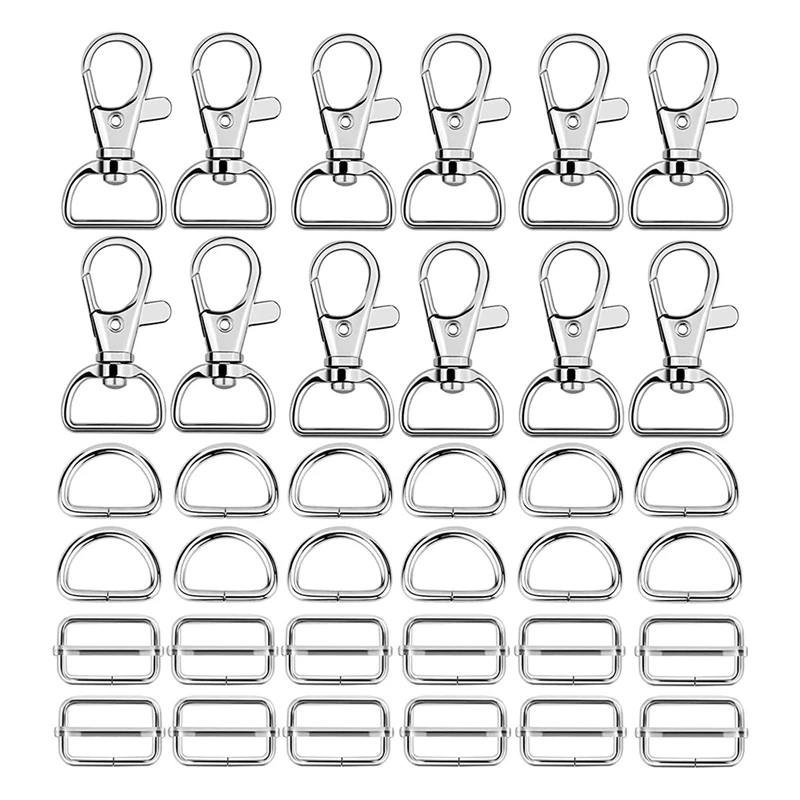 

NEW-60 Pcs Metal Keychain Bulk - Swivel Snap Hooks, D Ring And Slide Buckle Triglide For Handbag Purse Hardwarefasteners